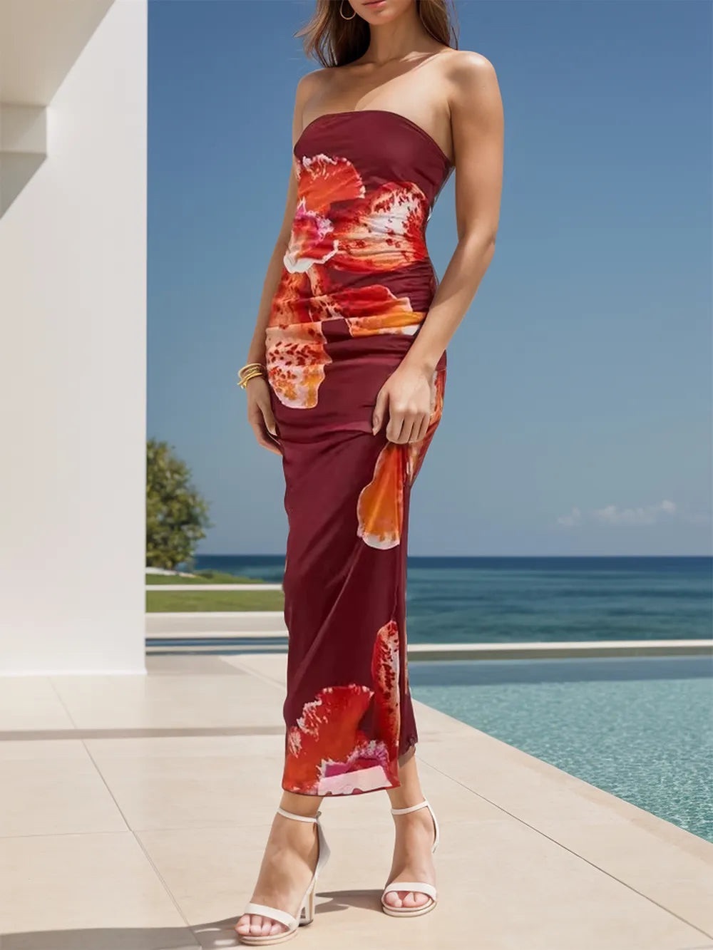 Strapless Floral Bodycon Maxi Dress in Burgundy and Orange
